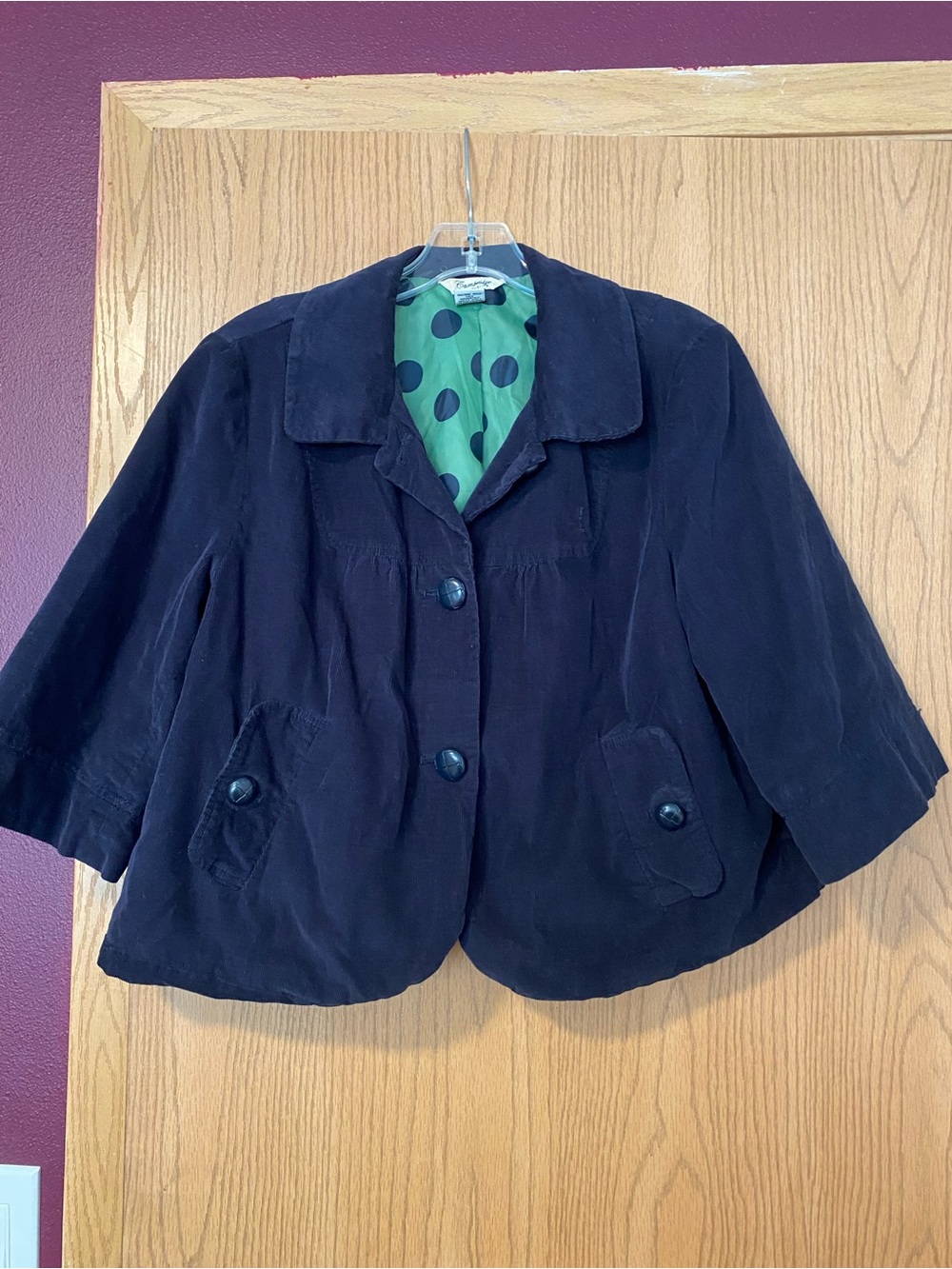 Cambridge Dry Goods Black Short Blazer with Green Polka Dot Lining